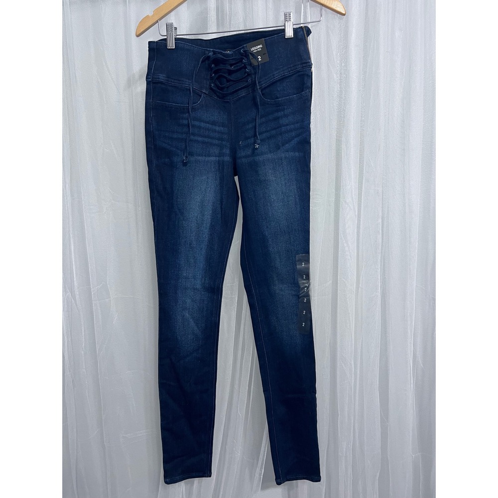 Express Womens High Rise Legging Jeans Dark Wash Lace‎ Up Corset Side Zip Size 2